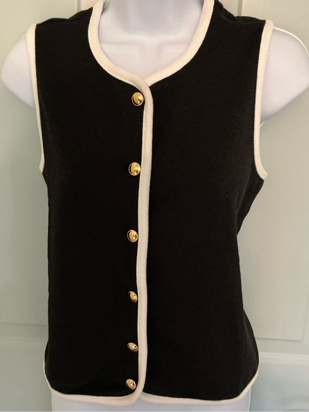 Bailey 44 Black Sleeveless Knit Tank with Cream Trim and Gold Buttons